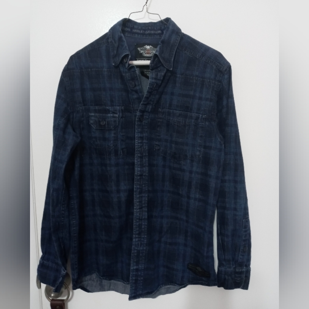 Harley-davidson Genuine Motorclothes button down plaid Denim Shirt Long sleeve